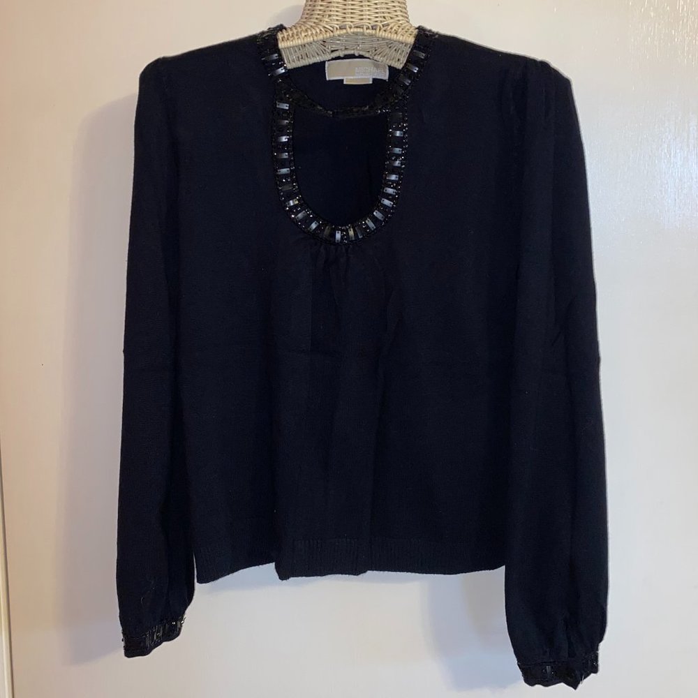 Michael Kors Black Beaded Open Neck Long Sleeve Sweater